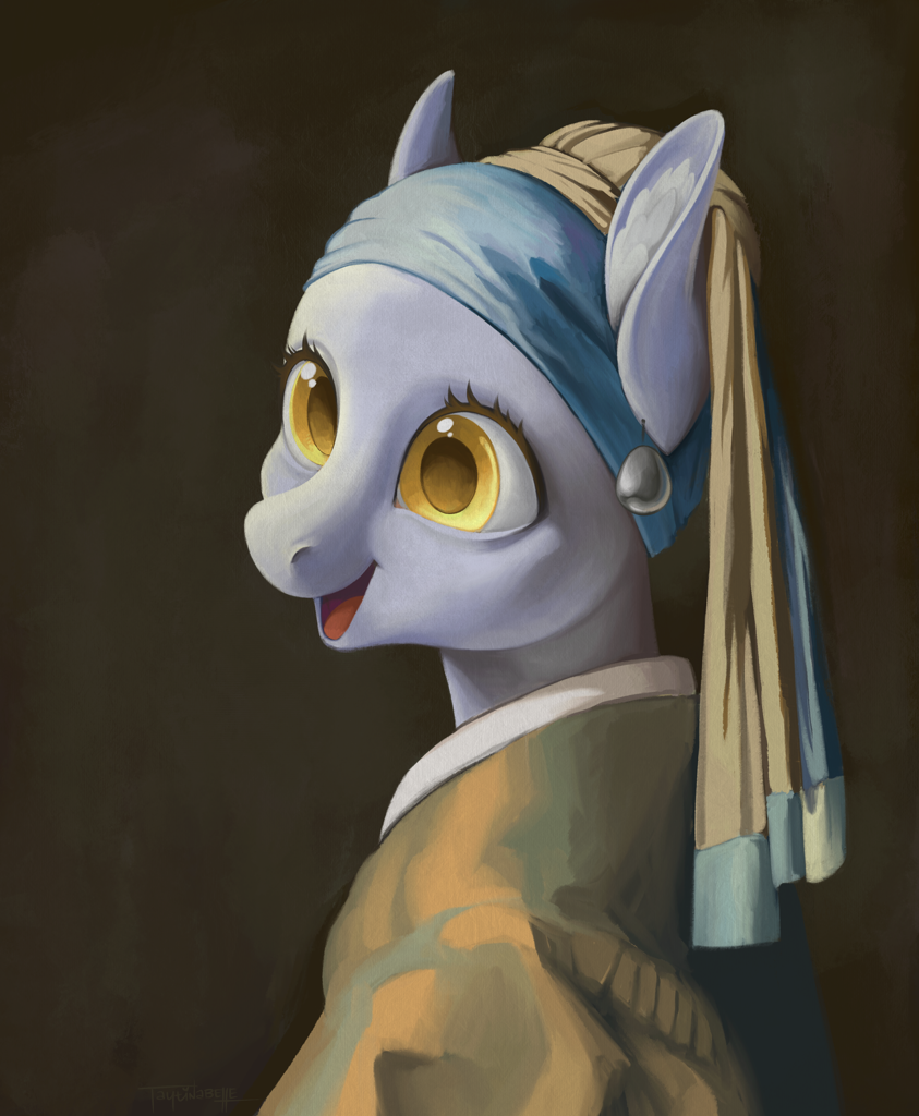 [bust,clothes,cute,derpy hooves,digital painting,earring,female,fine art parody,girl with a pearl earring,high res,jewelry,mare,pegasus,piercing,pony,safe,simple background,solo,ear fluff,ear piercing,derpabetes,fine art emulation,smiling,brown background,artist:taytinabelle,pearl earring,master study]