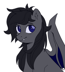 Size: 2000x2200 | Tagged: artist needed, source needed, safe, oc, oc only, oc:midnight blitz, bat pony, pony, undead, vampire, vampony, black hair, blue eyes, blue wings, closed mouth, fangs, gray coat, high res, simple background, solo, white background, wings