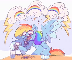 Size: 1530x1272 | Tagged: safe, artist:burgivore, rainbow dash, pegasus, pony, g4, adderall, drugs, glass, glass of water, hooves, looking down, pills, solo, tongue out, wings