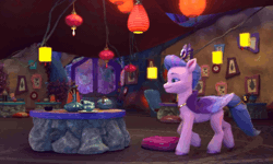 Size: 1638x984 | Tagged: safe, screencap, queen haven, pegasus, pony, family trees, g5, my little pony: make your mark, my little pony: make your mark chapter 5, spoiler:g5, spoiler:my little pony: make your mark, spoiler:my little pony: make your mark chapter 5, spoiler:mymc05e03, animated, bridlewood, cup, cushion, female, gif, lantern, mare, picture frame, plate, rope, shelf, solo, stained glass, tea house, tea room, teacup