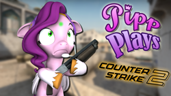Size: 1920x1080 | Tagged: safe, artist:pika-robo, pipp petals, pegasus, pony, series:pipp plays, g4, g5, 3d, counter-strike, fake thumbnail, female, frown, g5 to g4, gamer pipp, gaming headset, generation leap, gun, headset, imminent death, let's play, mare, shotgun, shrunken pupils, source filmmaker, weapon, youtube thumbnail