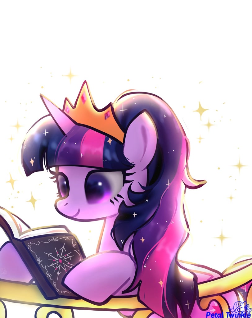 [alicorn,alternate hairstyle,book,crown,female,jewelry,mare,pony,reading,safe,signature,simple background,solo,sparkles,twilight sparkle,white background,regalia,hoof hold,twilight sparkle (alicorn),artist:petaltwinkle]