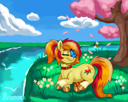 Size: 2500x2000 | Tagged: safe, artist:zendora, oc, oc only, oc:daylily crescent, bee, butterfly, earth pony, insect, pony, butterfly on nose, cherry blossoms, commission, cute, eyes closed, female, flower, flower blossom, forest, forest background, high res, insect on nose, lying down, mare, outdoors, river, smiling, solo, tree, water
