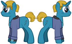Size: 868x531 | Tagged: safe, artist:j-yoshi64, oc, oc only, oc:j-pony64, human, pony, unicorn, blonde hair, blue coat, clothes, cross, cross necklace, denim, denim jacket, glasses, hood, human in equestria, jacket, jewelry, long sleeves, magic, male, necklace, ponified, self insert, show accurate, side view, simple background, stallion, transparent background, vector, watch, wristwatch