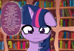 Size: 5750x4036 | Tagged: safe, artist:darkstorm mlp, part of a set, twilight sparkle, pony, unicorn, g4, bookshelf, female, floppy ears, mare, talking to herself, trembling, unicorn twilight