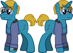Size: 719x523 | Tagged: safe, artist:j-yoshi64, oc, oc only, oc:j-pony64, human, pony, unicorn, blonde hair, blue coat, clothes, cross, cross necklace, denim, denim jacket, glasses, hood, human in equestria, jacket, jewelry, long sleeves, magic, male, necklace, ponified, self insert, show accurate, simple background, stallion, three quarter view, transparent background, vector, watch, wristwatch