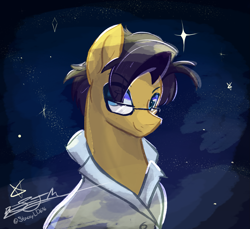 Size: 1953x1791 | Tagged: safe, artist:staceyld636, oc, pony, clothes, commission, curious, glasses, icon, lab coat, male, shading, shiny, smiling, solo, stallion, stars