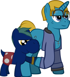 Size: 472x521 | Tagged: safe, artist:j-yoshi64, oc, oc only, oc:j-pony64, earth pony, human, hybrid, pony, unicorn, yoshi, blonde hair, blue coat, clothes, colt, cross, cross necklace, denim, denim jacket, duo, eyeroll, father and child, father and son, foal, green mane, hoofbump, human in equestria, jacket, jewelry, lidded eyes, male, necklace, polka dots, ponified, reference to another series, self insert, shorts, show accurate, simple background, smiling, smirk, stallion, transparent background, watch, wristwatch