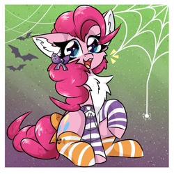 Size: 2000x2000 | Tagged: safe, artist:jubyskylines, pinkie pie, bat, earth pony, pony, spider, g4, :3, chest fluff, clothes, colored ear fluff, ear fluff, gradient background, high res, looking at you, nightmare night, open mouth, open smile, pale belly, passepartout, raised hoof, sitting, smiling, smiling at you, socks, solo, spider web, striped socks