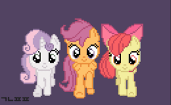 Size: 639x393 | Tagged: safe, artist:gonicfanfic, apple bloom, scootaloo, sweetie belle, earth pony, pegasus, pony, unicorn, g4, adorabloom, animated, cute, cutealoo, cutie mark crusaders, cutie mark cuties, diasweetes, female, filly, foal, gif, pixel art, running, simple background