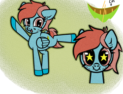 Size: 1300x1000 | Tagged: safe, artist:scandianon, oc, oc only, oc:tippy canoe, pegasus, pony, g4, bust, cutie mark, female, freckles, looking at you, mare, open mouth, pose, raised hoof, smiling, solo, starry eyes, wingding eyes