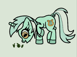 Size: 560x415 | Tagged: safe, artist:scandianon, lyra heartstrings, pony, unicorn, g4, dock, female, grass, grazing, herbivore, hoers, hooves, horses doing horse things, mare, open mouth, open smile, raised hoof, rectangular pupil, simple background, smiling, solo, tail, white background
