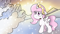 Size: 1920x1080 | Tagged: safe, artist:rosexknight, princess celestia, alicorn, pony, g4, crown, female, filly, filly celestia, jewelry, open mouth, regalia, sad, snow, solo, younger