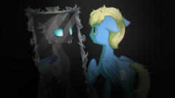 Size: 1920x1080 | Tagged: safe, artist:joolzanfire, oc, oc only, oc:synthis, changeling, pegasus, pony, butt, frown, male, mirror, plot, raised hoof, reflection, stallion
