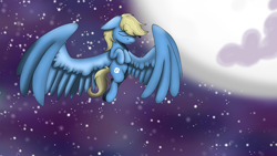 Size: 1920x1080 | Tagged: safe, artist:theartistsora, oc, oc only, oc:synthis, pegasus, pony, eyes closed, flying, hooves to the chest, large wings, male, moon, solo, spread wings, stallion, stars, wings