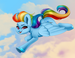 Size: 2177x1692 | Tagged: safe, artist:dark_lu, rainbow dash, pegasus, pony, g4, cloud, female, flying, mare, open mouth, open smile, signature, sky, smiling, solo, spread wings, windswept mane, wings