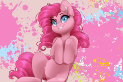 Size: 1500x1000 | Tagged: safe, artist:dark_lu, pinkie pie, earth pony, pony, g4, female, hooves to the chest, mare, paint splatter, signature, smiling, solo