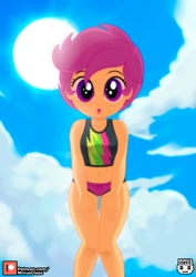 Size: 1413x2000 | Tagged: safe, alternate character, alternate version, artist:minusclass, part of a set, scootaloo, human, equestria girls, g4, :o, belly button, bikini, clothes, cloud, cute, cutealoo, female, looking at you, looking down, looking down at you, midriff, open mouth, patreon, patreon logo, solo, sun, swimsuit, thunderbolt