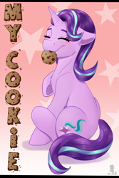 Size: 2000x3000 | Tagged: safe, artist:monsoonvisionz, starlight glimmer, pony, unicorn, g4, blushing, cookie, cute, eyes closed, female, food, glimmerbetes, happy, herbivore, high res, mare, nom, raised leg, sitting, smiling, solo, text