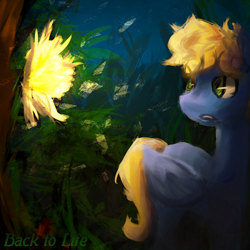 Size: 1080x1080 | Tagged: safe, artist:zelatynowy, oc, oc only, oc:synthis, pegasus, pony, bioluminescent, flower, forest, frown, male, solo, song cover, stallion