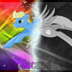 Size: 1080x1080 | Tagged: safe, artist:ruef, oc, oc only, oc:synthis, pegasus, pony, jumping, male, partial color, rainbow, smiling, solo, song cover, stallion
