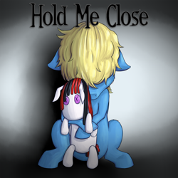Size: 1400x1400 | Tagged: safe, artist:joolzanfire, oc, oc only, oc:synthis, oc:thedoctorsora, pegasus, pony, creepy, hair over eyes, holding, looking down, male, plushie, sitting, solo, song cover, stallion