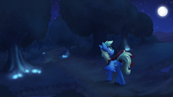 Size: 2880x1620 | Tagged: safe, artist:anticular, artist:fritzybeat, oc, oc only, oc:synthis, pegasus, pony, clothes, forest, frown, full moon, high res, looking up, male, moon, night, partially open wings, scarf, solo, stallion, turned head, walking, wings