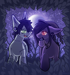 Size: 1480x1580 | Tagged: safe, artist:pensu, oc, oc only, oc:pen pressure, pony, undead, zombie, zombie pony, bush, cauldron, clothes, costume, gradient background, halloween, halloween costume, hat, holiday, ibispaint x, leaves, male, moon, nonbinary, phone drawing, starry sky, stitches, trick or treat, witch hat