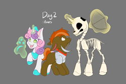 Size: 2048x1365 | Tagged: safe, artist:mscolorsplash, button mash, sweetie belle, earth pony, pony, skeleton pony, unicorn, don't mine at night, g4, armor, arrow, bone, bow (weapon), bow and arrow, colt, diamond, diamond armor, female, filly, foal, gray background, levitation, magic, male, minecraft, mouth hold, pickaxe, ponytober, scared, simple background, skeleton, starry eyes, telekinesis, weapon, wingding eyes