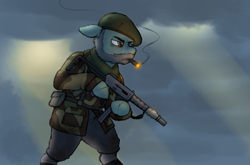 Size: 4887x3229 | Tagged: safe, artist:crazy water, oc, oc:duty prince, earth pony, pony, semi-anthro, equestria at war mod, arm hooves, beard, beret, call of duty, captain price, cigar, clothes, crepuscular rays, facial hair, gun, hat, how do hooves work?, male, older, reference, reference to another series, resistance, scar, scarf, solo, stallion, submachinegun, suppressor, uniform, weapon, weather