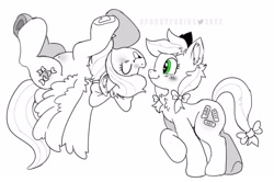 Size: 2048x1359 | Tagged: safe, artist:spookyfoxinc, apple fritter, flitter, earth pony, pegasus, pony, g4, apple family member, background pony, black and white, blushing, cute, female, flying, grayscale, mare, monochrome, simple background, sketch, white background