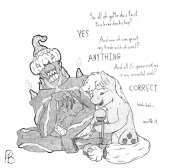Size: 1240x1216 | Tagged: safe, artist:parallel black, artist:perpendicular white, applejack, oc, oc:jakk, earth pony, pony, series:aj the nightmare-granter, g4, amulet, crossover, death note, dialogue, halloween, holiday, jewelry, pumpkin, shinigami, simple background, traditional art, white background
