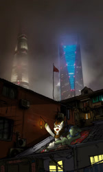 Size: 10630x17717 | Tagged: safe, artist:china consists of them!, autumn blaze, oc, kirin, g4, cyberpunk, flag, night, rooftop, shanghai