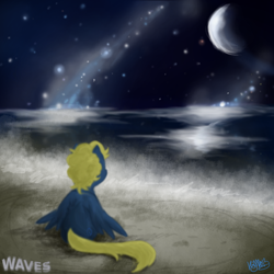 Size: 1000x1000 | Tagged: artist needed, safe, oc, oc only, oc:synthis, pegasus, pony, album cover, beach, moon, night, ocean, rear view, sitting, solo, water, wings, wings down