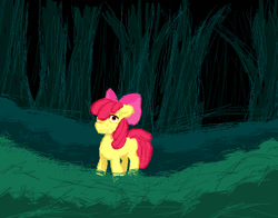 Size: 699x548 | Tagged: safe, artist:kroissantkats, apple bloom, earth pony, pony, story of the blanks, g4, female, filly, foal, forest, ms paint, scared, solo