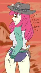 Size: 1582x2775 | Tagged: safe, artist:sumin6301, apple bloom, human, equestria girls, g4, ass, bloom butt, booty shorts, butt, gun, gym shorts, hat, holster, older, older apple bloom, solo, sports panties, text, weapon