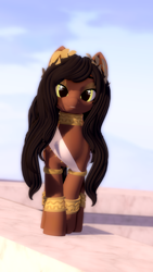 Size: 2160x3840 | Tagged: safe, oc, oc only, oc:laurel light, pegasus, pony, open pony, 3d, anklet, armlet, beauty mark, black mane, brown fur, clothes, eyeshadow, female, golden eyes, greek clothes, high res, jewelry, laurel wreath, long mane, looking at you, makeup, mare, necklace, pegasus oc, second life, smiling, solo
