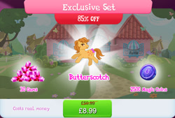 Size: 1268x858 | Tagged: safe, gameloft, idw, butterscotch (g1), earth pony, pony, g1, g4, my little pony: magic princess, official, bow, bundle, english, female, gem, idw showified, magic coins, mare, mobile game, numbers, sale, solo, tail, tail bow, text