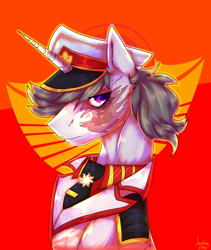 Size: 2536x3000 | Tagged: safe, artist:plushielover, oc, oc only, oc:weiße feder, pony, unicorn, equestria at war mod, burn scar, clothes, high res, male, military, military uniform, scar, solar empire, uniform