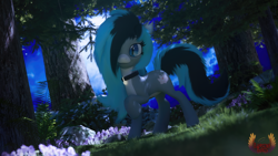 Size: 3840x2160 | Tagged: safe, artist:loveslove, oc, oc only, oc:luny, bat pony, pony, 3d, bat ears, bat eyes, bat pony oc, female, flower, forest, high res, looking at you, mare, night, outdoors, raised hoof, smiling, smiling at you, solo, tail, tree