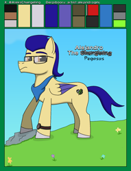 Size: 1250x1635 | Tagged: safe, artist:alejandrogmj, oc, oc:chicken claws, pegasus, pony, clock, clothes, disguise, disguised changeling, glasses, pegasus oc, reference sheet, scarf
