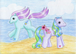 Size: 1061x753 | Tagged: safe, artist:normaleeinsane, banjo blue, tropical delight, earth pony, pony, g3, beach, closed mouth, cloud, duo, female, flower, hibiscus, hoof heart, mare, ocean, running, sky, smiling, standing, traditional art, underhoof, water, water droplet