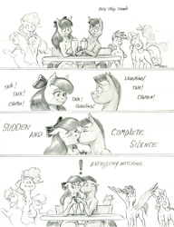 Size: 1100x1429 | Tagged: safe, artist:baron engel, apple bloom, pinkie pie, scootaloo, sweetie belle, oc, oc:stone mane (baron engel), earth pony, pegasus, pony, unicorn, g4, colt, cutie mark crusaders, female, filly, foal, kissing, male, mare, monochrome, pencil drawing, spread wings, story included, traditional art, wingboner, wings