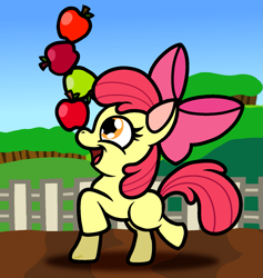 Size: 1467x1550 | Tagged: safe, artist:captainquack64, apple bloom, earth pony, pony, g4, apple, balancing, female, filly, foal, food, open mouth, open smile, ponies balancing stuff on their nose, smiling, solo