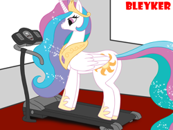 Size: 1600x1200 | Tagged: safe, artist:bleyker, princess celestia, alicorn, pony, unicorn, g4, ethereal mane, ethereal tail, jewelry, regalia, solo, tail, treadmill