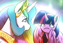 Size: 3000x2052 | Tagged: safe, artist:taps, princess celestia, twilight sparkle, alicorn, pony, g4, duo, female, hiding behind wing, high res, looking at each other, looking at someone, mare, twilight sparkle (alicorn), wings