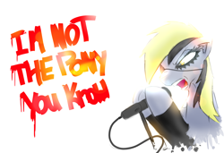 Size: 4762x3248 | Tagged: safe, artist:taps, derpy hooves, pony, g4, bust, clothes, dyed mane, eyepatch, female, high res, mare, mascara, microphone, microphone stand, portrait, rock (music), simple background, singing, solo, white background