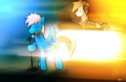 Size: 2500x1617 | Tagged: safe, artist:taps, oc, oc only, oc:cyrilthewolf, oc:taps, earth pony, pegasus, pony, clothes, dj booth, duo, eyes closed, headphones, high res, male, microphone, microphone stand, necktie, shirt, singing, stallion