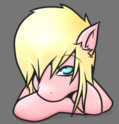 Size: 736x768 | Tagged: safe, artist:taps, oc, oc only, pony, blonde mane, bust, crossed arms, gray background, looking up, lying down, pink coat, simple background, solo