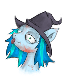 Size: 1000x1200 | Tagged: safe, artist:taps, oc, oc only, pony, :p, blood, bust, hat, lidded eyes, portrait, simple background, solo, tongue out, white background, witch hat